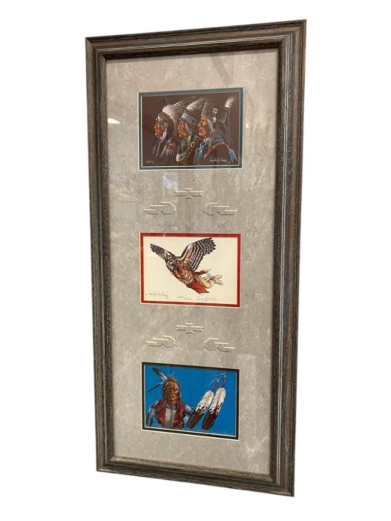 ENOCH KELLY HANEY SEMINOLE / MUSCOGEE OKLAHOMA ARTIST AND POLITICIAN LIMITED EDITION PRINTS: TRIO OF LIMITED EDITION PRINTS, EACH DEPICTS PORTRAITS OF NATIVE AMERICAN MEN, EACH IS SIGNED , NO. 1856/2000, CERTIFICATE ON THE BACK, FRAMED 15" X 32" FRAME 