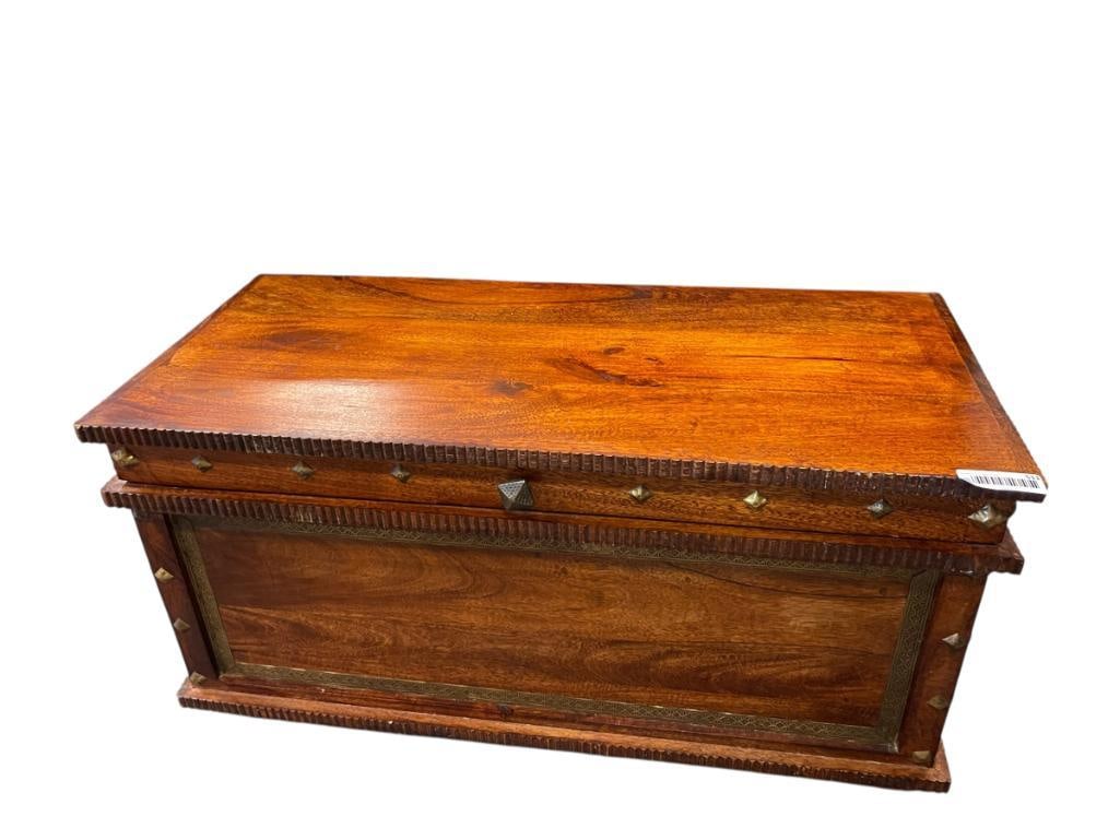 PIER ONE IMPORTS MANGO WOOD DECORATIVE STORAGE CHEST: DECORATIVE STUDDED TRIM AND BRASS OVERLAY, LIKE-NEW CONDITION 35" X 16" X 18" 