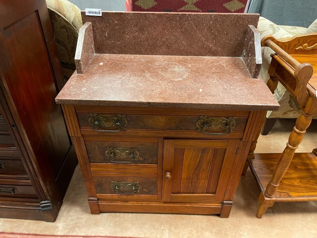 ANTIQUE 19TH CENTURY VICTORIAN EASTLAKE WALNUT BURL WASHSTAND WITH RED MARBLE TOP: FEATURING ORNATE BRASS PULLS AND KNAPP JOINT DRAWERS, GOOD CONDITION 28 1/2" X 16" X 27" 