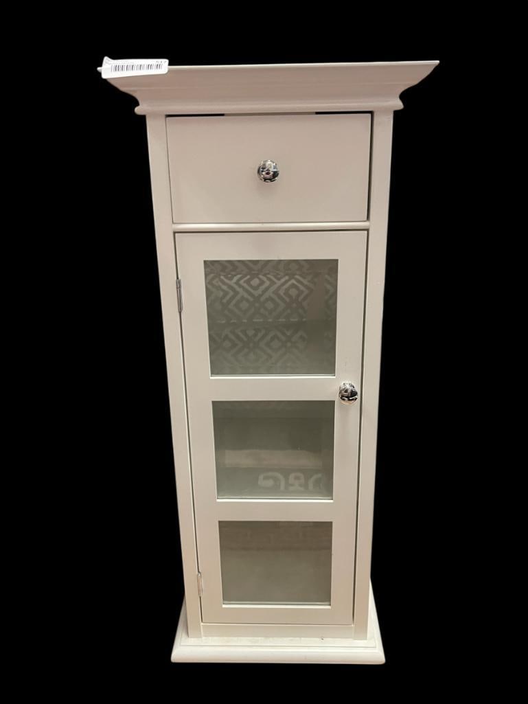 MODERN WHITE AND BEVELED GLASS SIDE TABLE STAND: FEATURING SINGLE DRAWER AND CABINET WITH THREE BEVELED GLASS PANELS, THREE TIERS INSIDE CABINET, CHROME KNOBS, GOOD CONDITION 13" X 12 1/2" X 32 1/2" 