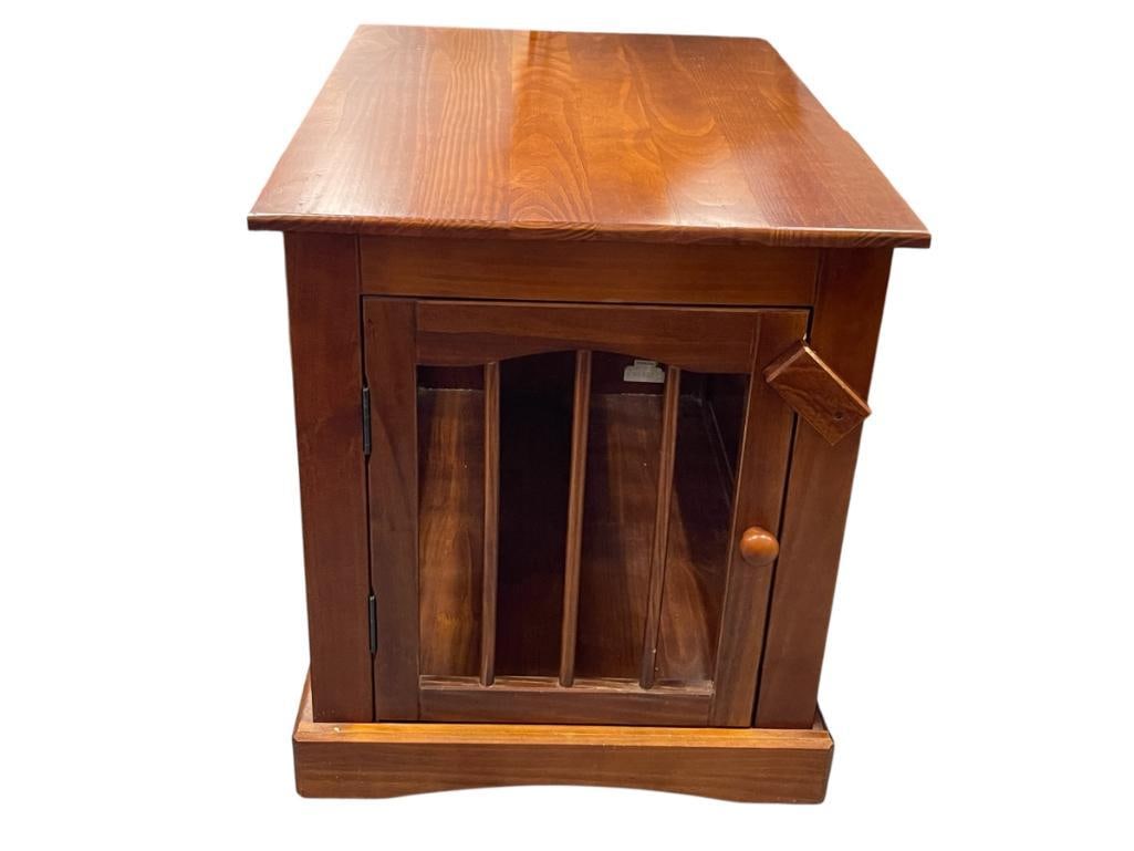 ELEGANT DARK STAINED WOOD MODERN DESIGN DOG CRATE: GOOD CONDITION BUT TWO POLES ON SIDE HAVE BEEN CHEWED, SEE PHOTO, MADE IN BRAZIL 21" X 30" X 24" 