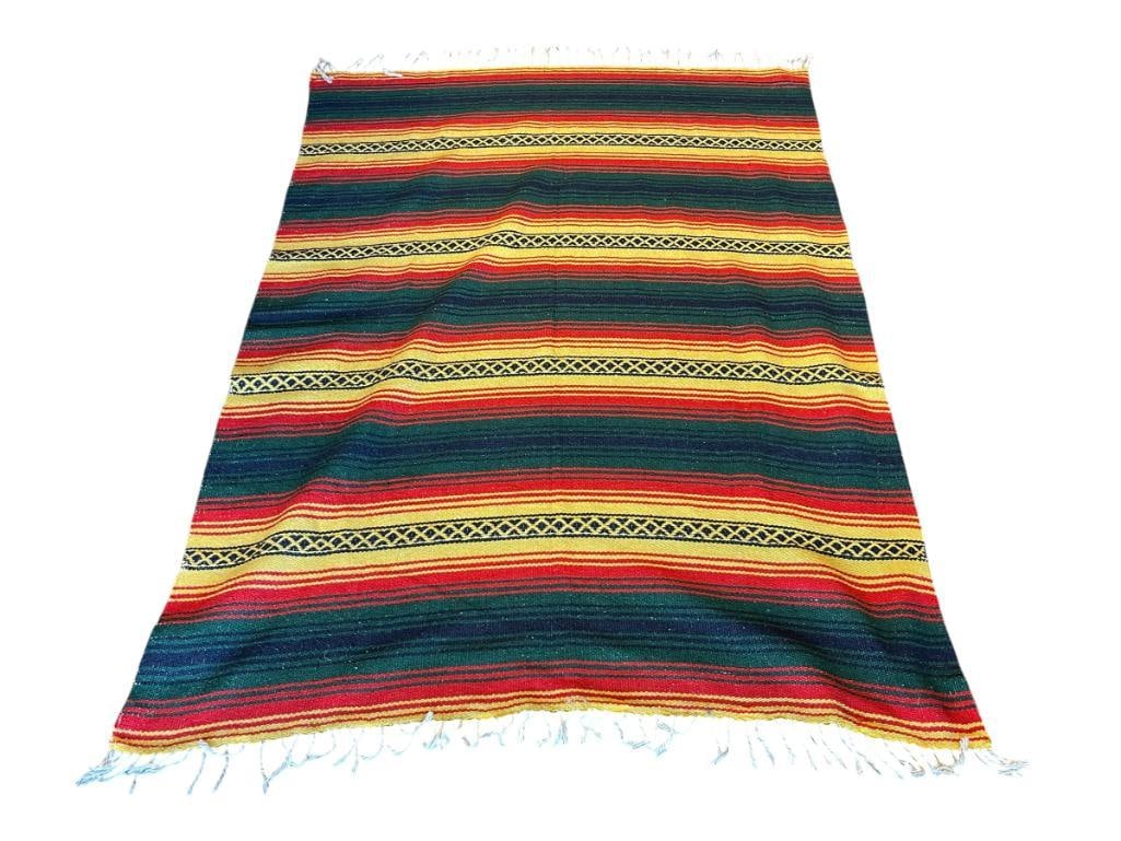 SARAPE INDUSTRIES DE CUAUHIENCO MEXICAN 100% ACRYLIC BLANKET: RASTA COLORED, FAIR CONDITION 54" X 76" 