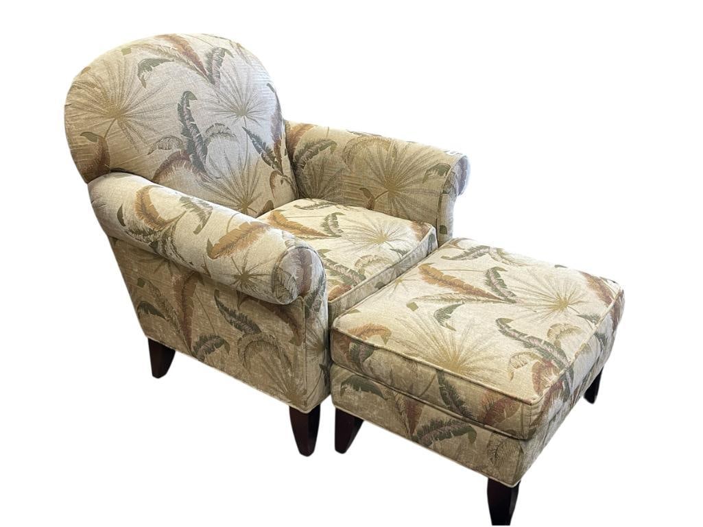 MACY'S MODERN CONCEPTS UPHOLSTERED OVERSTUFFED ARMCHAIR AND OTTOMAN SET FEATURING TROPICAL THEME: GOOD CONDITION 38" X 30" X 18" SEAT HEIGHT, 37" SEAT BACK HEIGHT, 27" X 21" X 16" OTTOMAN 