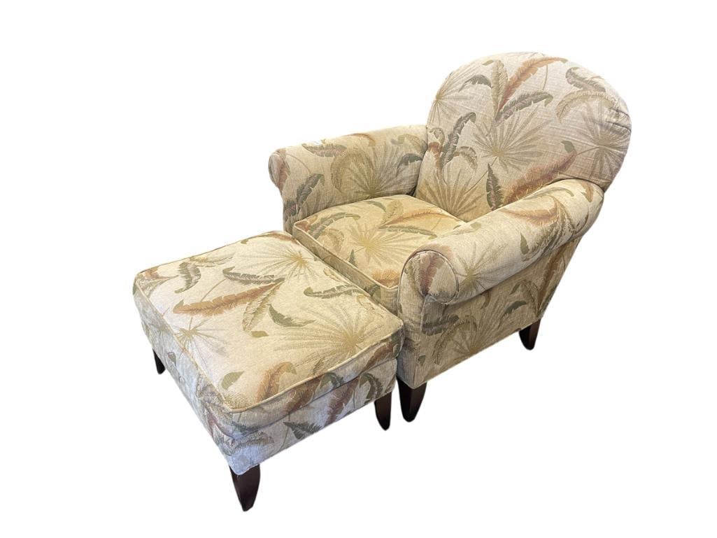 MACY'S MODERN CONCEPTS UPHOLSTERED OVERSTUFFED ARMCHAIR AND OTTOMAN SET FEATURING TROPICAL THEME: GOOD CONDITION 38" X 30" X 18" SEAT HEIGHT, 37" SEAT BACK HEIGHT, 27" X 21" X 16" OTTOMAN 
