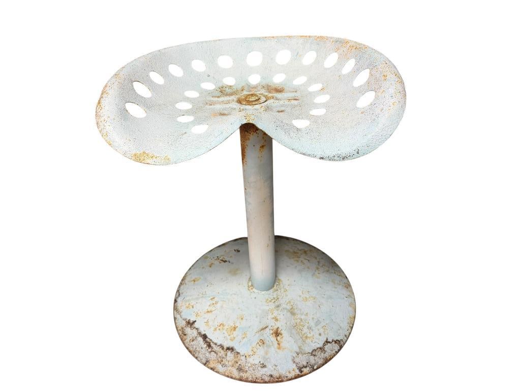 RUSTIC ANTIQUE TRACTOR SEAT STOOL FEATURING SKY BLUE PAINT: MARKED "1179" ON BASE, RUSTIC PATINA 17" X 14" X 22" 