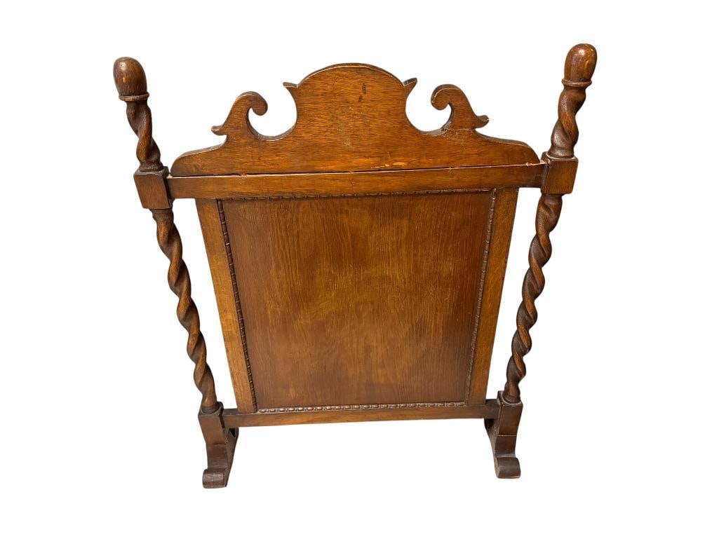 ANTIQUE MAHOGANY WOOD FIREPLACE COVER WITH BARLEY TWIST POSTS: GOOD CONDITION FOR AGE 22" X 28" 