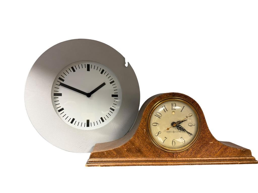 TWO MANTLE CLOCKS INCLUDING VINTAGE GENERAL ELECTRIC WOOD CASED CLOCK AND IKEA SILVER TONE CLOCK (1 of 7)