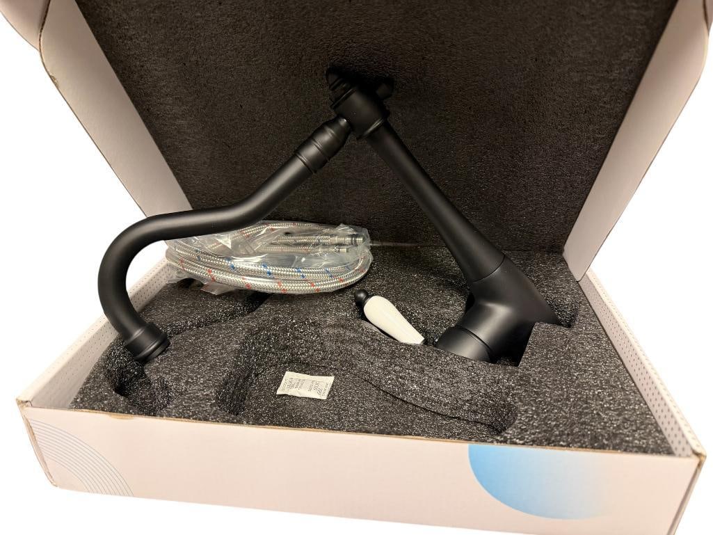 NEW IN ORIGINAL BOX MATTE BLACK KITCHEN FAUCET: MODEL A-94066-BLACK, INCLUDES FAUCET AND HOSES 10" BASE WITH 10" SPOUT 