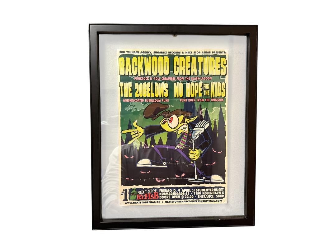 BACKWOOD CREATURES PUNK ROCK N ROLL CONCERT POSTER FROM STUDENTERHUSET IN COPENHAGEN, DENMARK: INCLUDES THE 20BELOWS AND NO HOPE FOR THE KIDS, CIRCA MID-2000'S, IN GLASS AND BLACK FRAME, GOOD CONDITION SOME CREASES FROM FOLDING 17 1/2" X 21 1/2" FRAME 