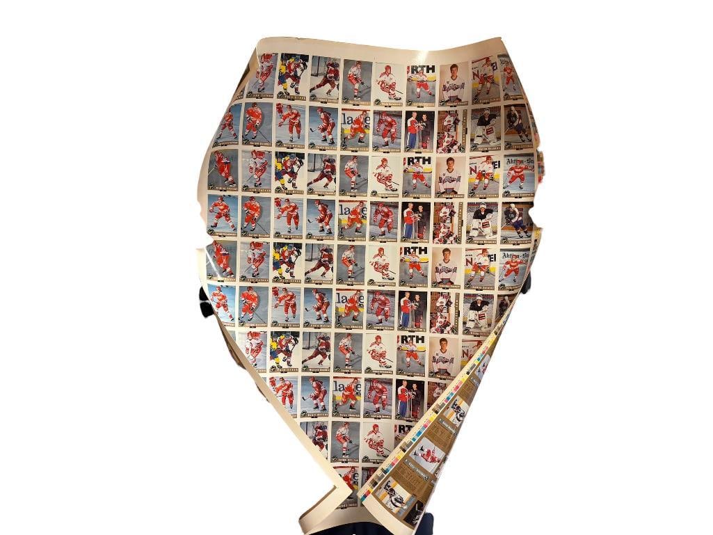 ASSORTED NHL HOCKEY POSTERS INCLUDING UNCUT PLAYERS CARD SHEETS AND BUD ICE 1996 FLYERS POSTERS: 1996 PHILADELPHIA FLYERS SCHEDULE POSTERS, FOUR POSTERS TOTAL, UNCUT CARD POSTERS BY CLASSIC GAMES 1992 LARGEST ARE 26" X 37" 