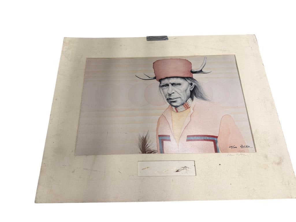 1986 GERALD BIRON MOUNTAIN SPIRIT GRAPHICS " SLOW TURTLE " SIGNED AND NUMBERED PRINT: NUMBERED 25/100 AND SIGNED BY ARTIST IN LOWER RIGHT, ALSO SIGNED ON BACK WITH PERSONALIZED NOTE "THANKS FOR YOUR SUPPORT, GERRY BIRD", MATTED, MATTING IS IN ROUGH CONDITION BUT PRINT IS STILL IN GOOD