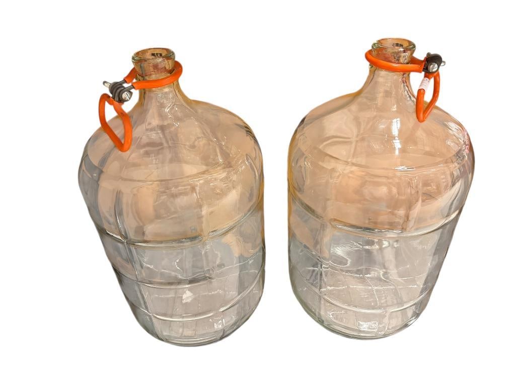 TWO VINTAGE CRISA 5 GALLON GLASS WATER JUGS WITH CARBOY HANDLES: NO CHIPS OR CRACKS 5 GALLON, 19" H 