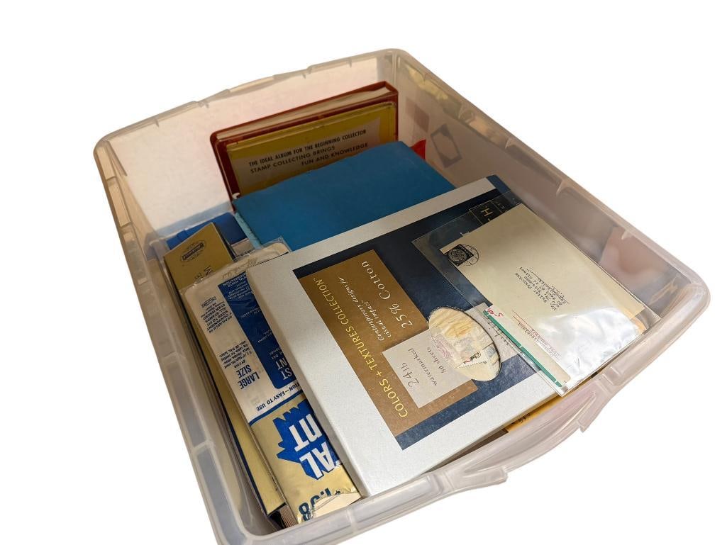 TUB FULL OF UNUSED STAMPS, USED STAMPS, AND STAMP COLLECTOR BOOKS: INCLUDES SCOTT'S WORLD STAMP ALBUM WITH CONTENTS OF USED STAMPS, 1977 - 1979 MINT SETS, EASILY $10 FACE VALUE IN UNUSED STAMPS, AND MUCH MORE 60QT TUB 