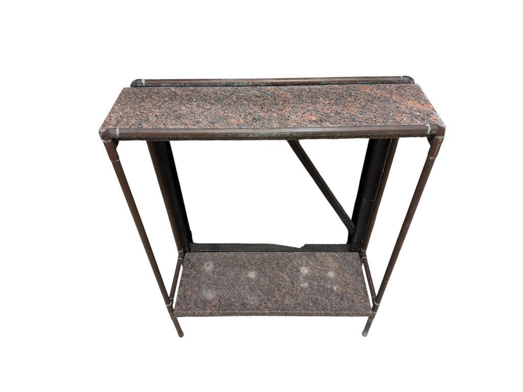 UNIQUE COPPER WATER PIPE FRAME GRANITE TWO TIER PLANT SHELF / OUTDOOR RACK: 25" X 8" X 31" 