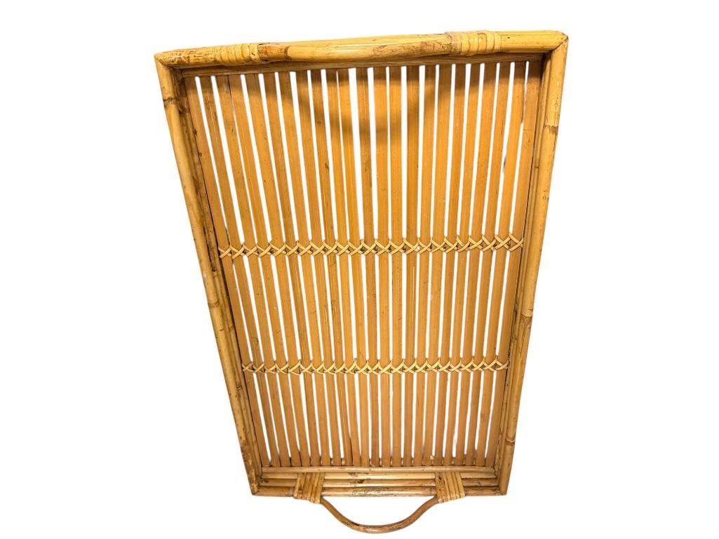 ANDREA BY SADEK PHILLIPINES MADE RATTAN BAMBOO LAP TRAY / SERVING TRAY: FAIR CONDITION, LABEL ON BOTTOM, CIRCA 1980'S 26" X 16" X 3" 