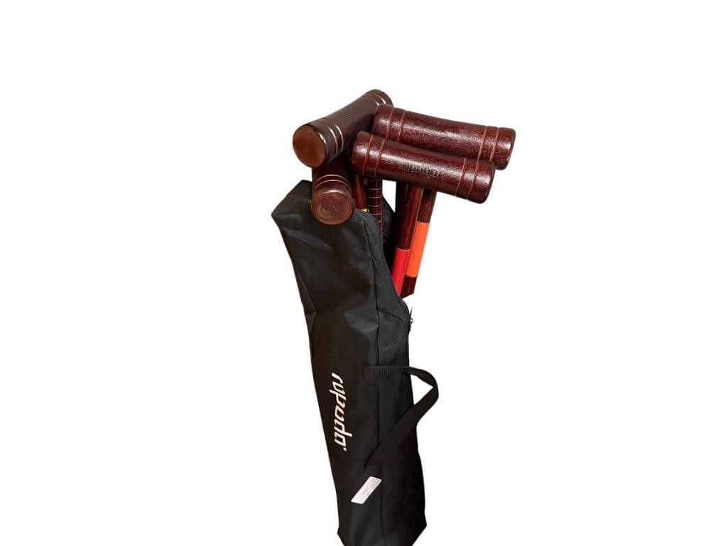 NEW RUPUDA CROQUET SET IN TRAVEL BAG WITH MANUAL: GOOD CONDITION, CROQUET BALLS ARE STILL SEALED IN WRAP 30" CLUBS 