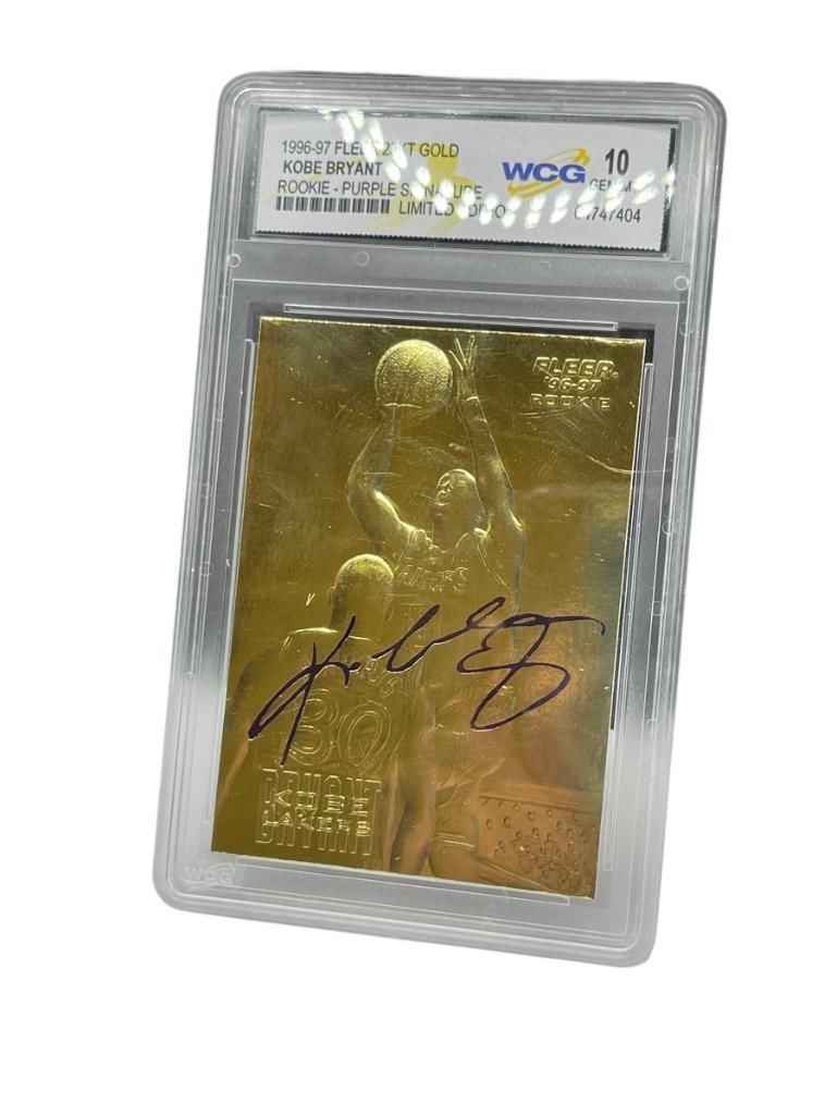 1996-97 FLEER KOBE BRYANT ROOKIE BLACK 23K GOLD LIMITED EDITION SPORTS CARD WCG MEM-MT 10: PURPLE SIGNATURE DESIGN BY WORLD CLASS GRADING 