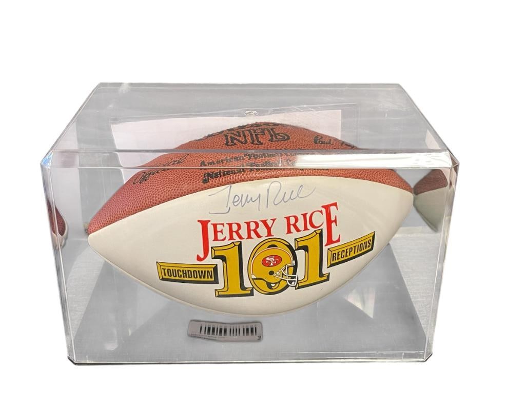 JERRY RICE 101 TOUCHDOWNS AUTOGRAPHED FOOTBALL: JERRY RICE 3-TIME SUPERBOWL CHAMPION WHO PLAYED FOR 20 SEASONS IN HIS FOOTBALL CAREER, 101 FOOTBALL RECEPTIONS AUTOGRAPHED FOOTBALL WITH CERTIFICATE OF AUTHENTICITY FROM PETRA VERZOSA, CERTIFICATE NO.