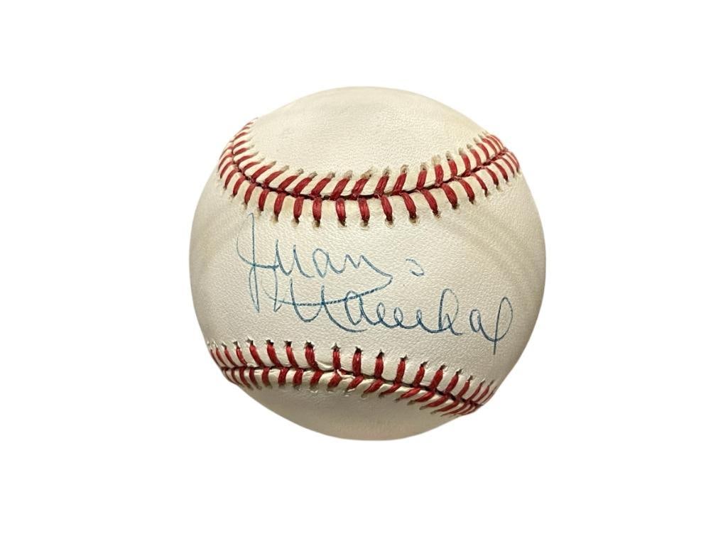 JUAN MARICHAL HOF FORMER BASEBALL PLAYER AUTOGRAPHED BASEBALL CERTIFIED BY JSA: JUAN MARICHAL PLAYED FOR 16 SEASONS, PRIMARILY WITH THE SAN FRANCISCO GIANTS, 10X ALL-STAR, 2X NL WINS LEADER, 1983 HALL OF FAME INDUCTEE, RAWLINGS BALL IS SIGNED WITH BLUE INK PEN, CLEARLY LEGIB