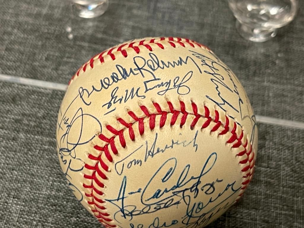 AUTOGRAHED BASEBALL WITH OVER 30 SIGNATURES TOM HEINRICH, JOHNNY MIZE, CURT FLOOD, TONY OLIVA - 3
