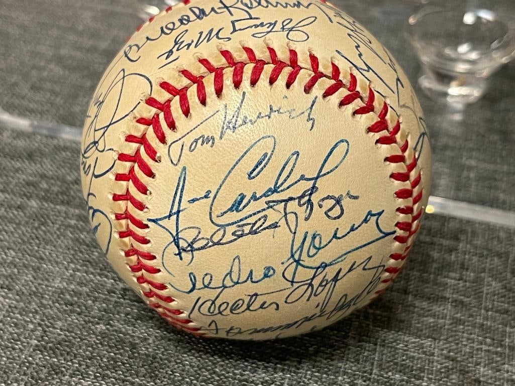 AUTOGRAHED BASEBALL WITH OVER 30 SIGNATURES TOM HEINRICH, JOHNNY MIZE, CURT FLOOD, TONY OLIVA - 4