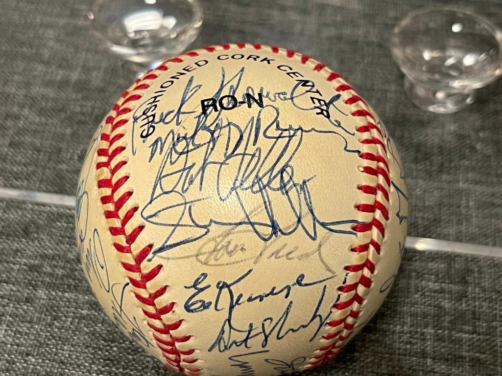 AUTOGRAHED BASEBALL WITH OVER 30 SIGNATURES TOM HEINRICH, JOHNNY MIZE, CURT FLOOD, TONY OLIVA - 5