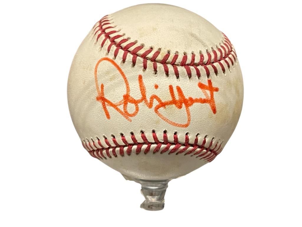 ROBIN YOUNT HOF FROMER BASEBALL PLAYER AUTOGRAPHED BASEBALL: ROBIN YOUNT PLAYED HIS ENTIRE CAREER FOR THE MILWAUKEE BREWERS, 3X ALL-STAR, 1982 GOLDEN GLOVE AWARD, 1999 HALL OF FAME INDUCTEE, RAWLINGS BALL SIGNED IN RED MARKER, SHOWS LIGHT WEAR, BUT CLEARLY LEGI
