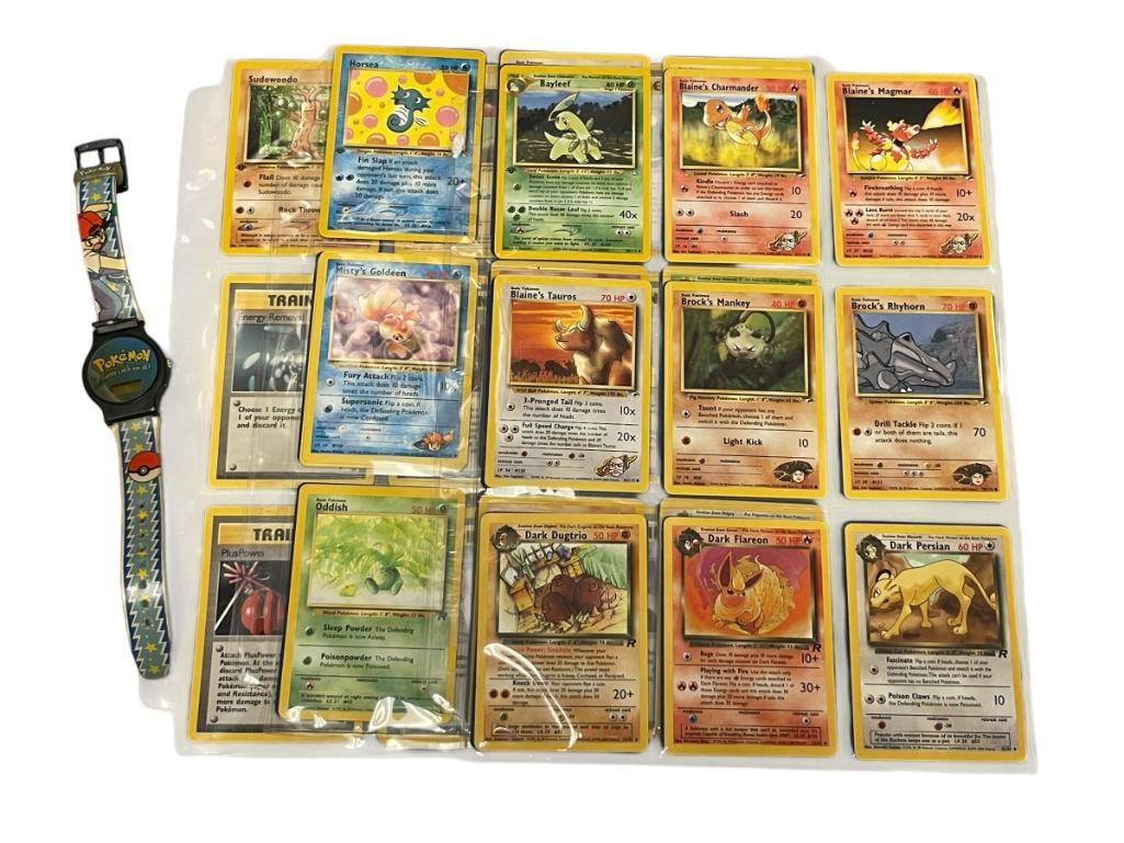 2000 POKEMON CARD TRADING GAME TRAINER CARDS TOTAL OF 49: INCLUDES BROCK, ERIKA, MISTY, AND OTHER POKEMON TRAINER CARDS, IN PROTECTIVE SLEEVES, PLUS 1999 POKEMON DIGITAL WRISTWATCH MODEL POKFL02