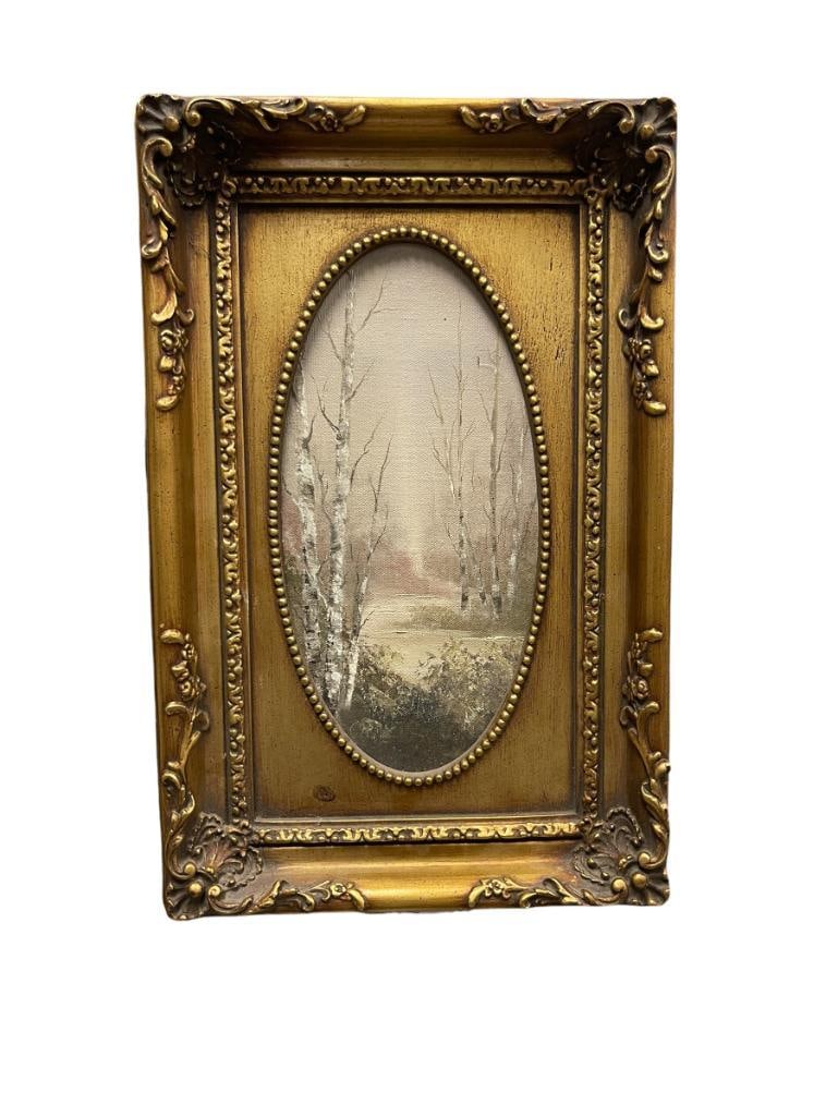 NADINE ADAMS OF LAKE TAHOE ORIGINAL OIL ON CANVAS PAINTING TITLED MOUNTAIN FRESHNESS: PAINTING IS DONE ON CANVAS AND MOUNTED ON BOARD, ART DEPICTS LANDSCAPE SCENE WITH SMALL RIVER SEEN BETWEEN BIRCH TREES, SIGNED LOWER RIGHT, ALSO SIGNED ON THE BACK WITH TITLE, FRAMED 10 1/2" X 16