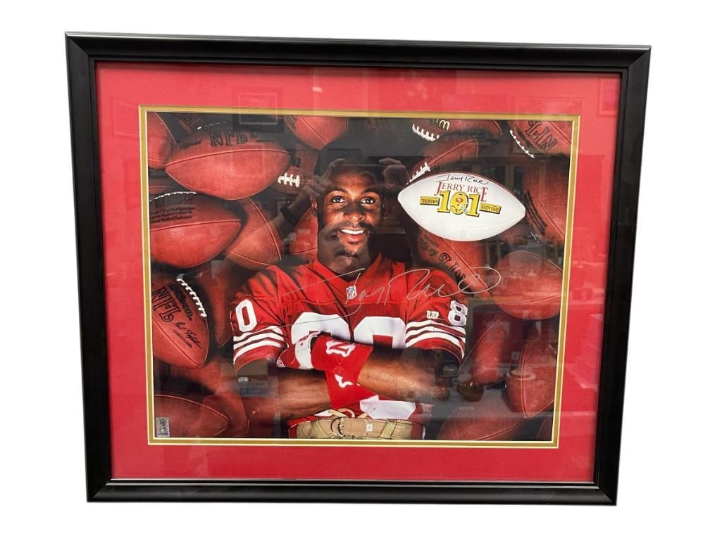 JERRY RICE 101 TOUCHDOWNS AUTOGRAPHED POSTER: JERRY RICE 3-TIME SUPERBOWL CHAMPION WHO PLAYED FOR 20 SEASONS IN HIS FOOTBALL CAREER, 101 FOOTBALL RECEPTIONS AUTOGRAPHED POSTER WITH CERTIFICATE OF AUTHENTICITY FROM PETRA VERZOSA, CERTIFICATE NO. 0