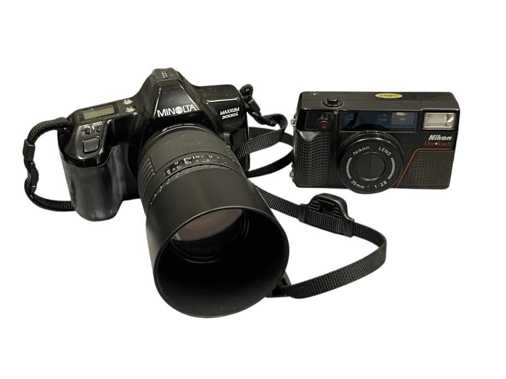MINOLTA 3000i FILM CAMERA WITH 70-210MM LENS AND NIKON ONE TOUCH FILM CAMERA: BOTH USE 35MM FILM