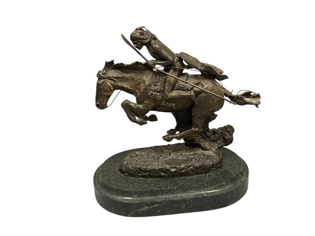 FREDERIC REMINGTON RENOWN WESTERN AMERICAN ARTIST RESTRIKE BRONZE THE CHEYENNE: FREDERIC REMINGTON (1861-1909) AMERICAN ARTIST WIDELY KNOWN FOR HIS NATIVE AMERICAN AND WESTERN PAINTINGS AND SCULPTURES, SCULPTURE DEPICTS A NATIVE AMERICAN MAN ON HORSEBACK, MOUNTED ON GREEN MARBLE