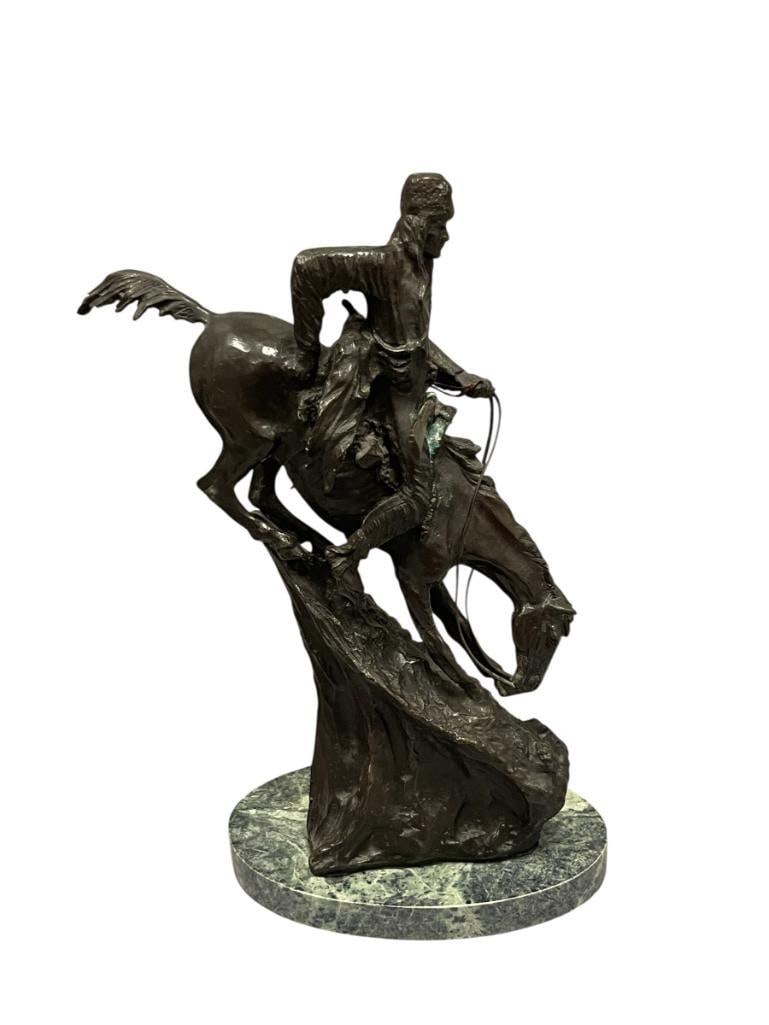 FREDERIC REMINGTON RENOWN WESTERN AMERICAN ARTIST RESTRIKE BRONZE MOUNTAIN MAN: FREDERIC REMINGTON (1861-1909) AMERICAN ARTIST WIDELY KNOWN FOR HIS NATIVE AMERICAN AND WESTERN PAINTINGS AND SCULPTURES, SCULPTURE DEPICTS NATIVE AMERICAN MAN ON HORSEBACK TRAVELING DOWN STEP MO