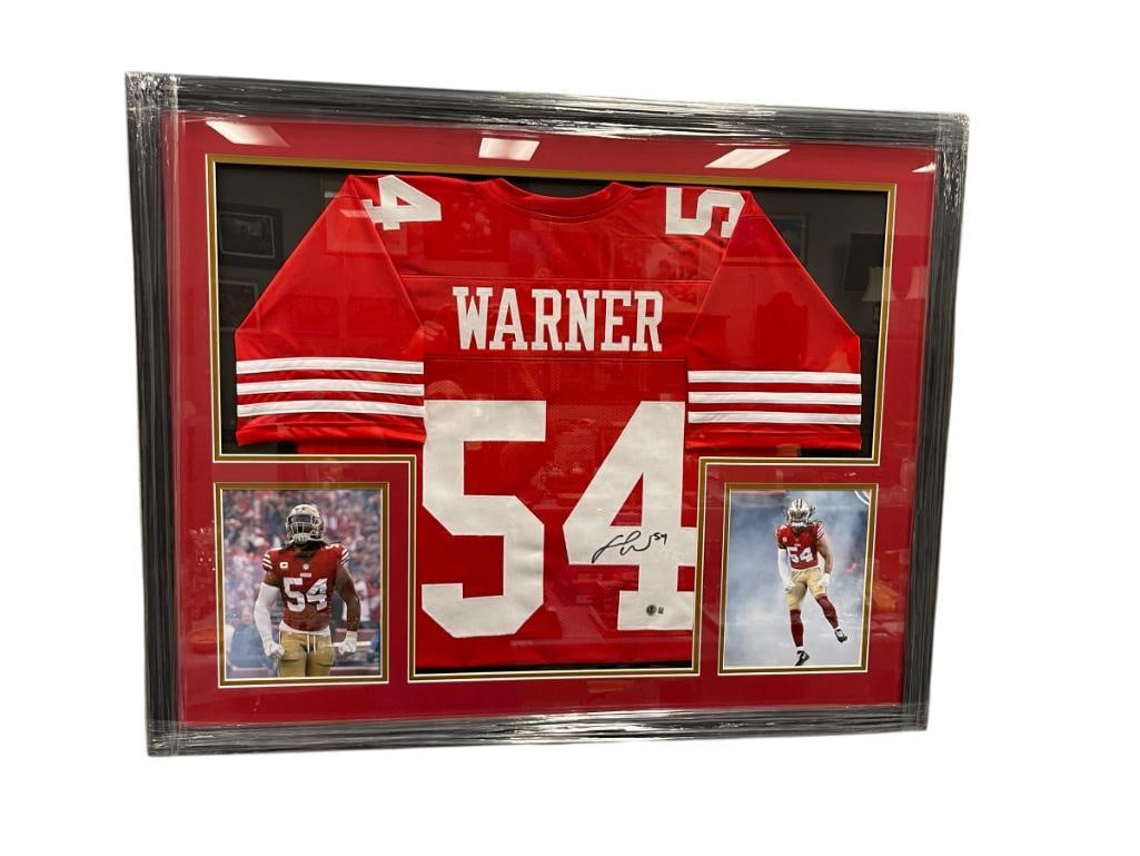 FRED WARNER AUTOGRAPHED JERSEY ENSEMBLE VERIFIED AUTHENTIC BY BECKETT: FRED WARNER 2018 3RD ROUND DRAFT PICK, 4X FIRST TEAM ALL PRO, 4X PRO BOWLER, ENSEMBLE FEATURES FRED WARNER AUTOGRAPH JERSEY WITH TWO PHOTO-PRINTS, VERIFIED BY BECKETT LABEL NO. 4W059337, FRAMED 40 1/2