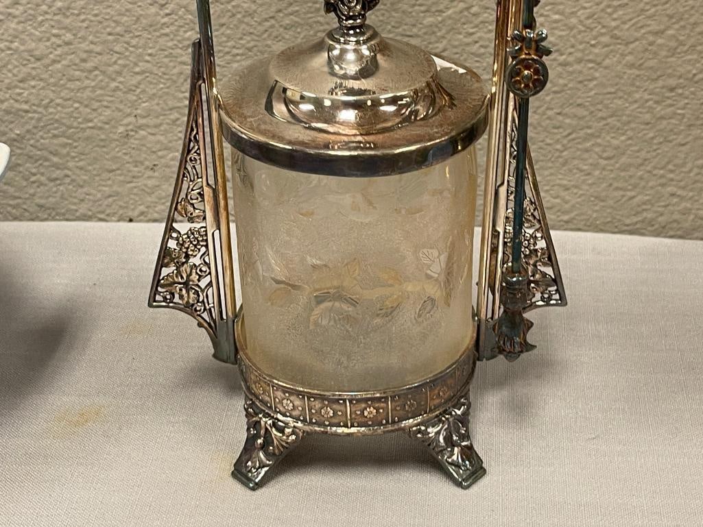 BARBOUR BROS. ANTIQUE TRIPLE PLATE PICKLE JAR WITH HAND BLOWN ART GLASS JAR WITH TONGS - 2