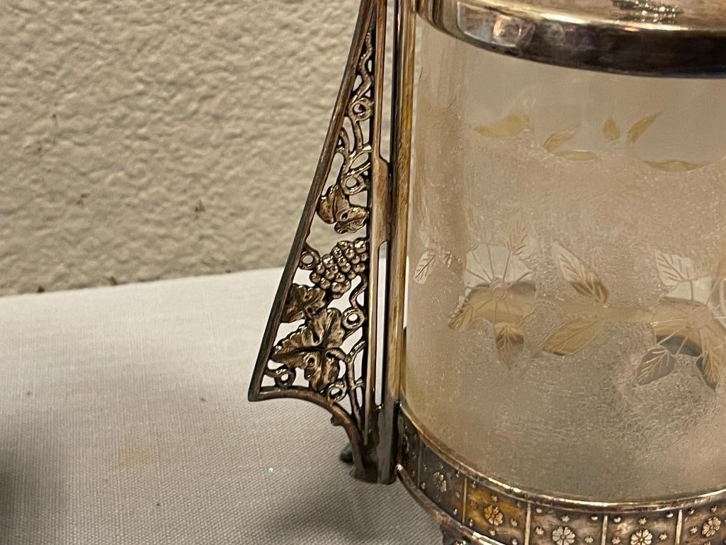 BARBOUR BROS. ANTIQUE TRIPLE PLATE PICKLE JAR WITH HAND BLOWN ART GLASS JAR WITH TONGS - 3