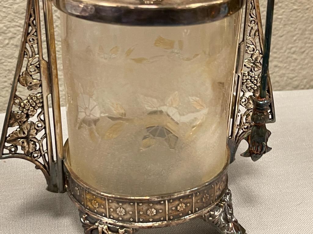 BARBOUR BROS. ANTIQUE TRIPLE PLATE PICKLE JAR WITH HAND BLOWN ART GLASS JAR WITH TONGS - 4
