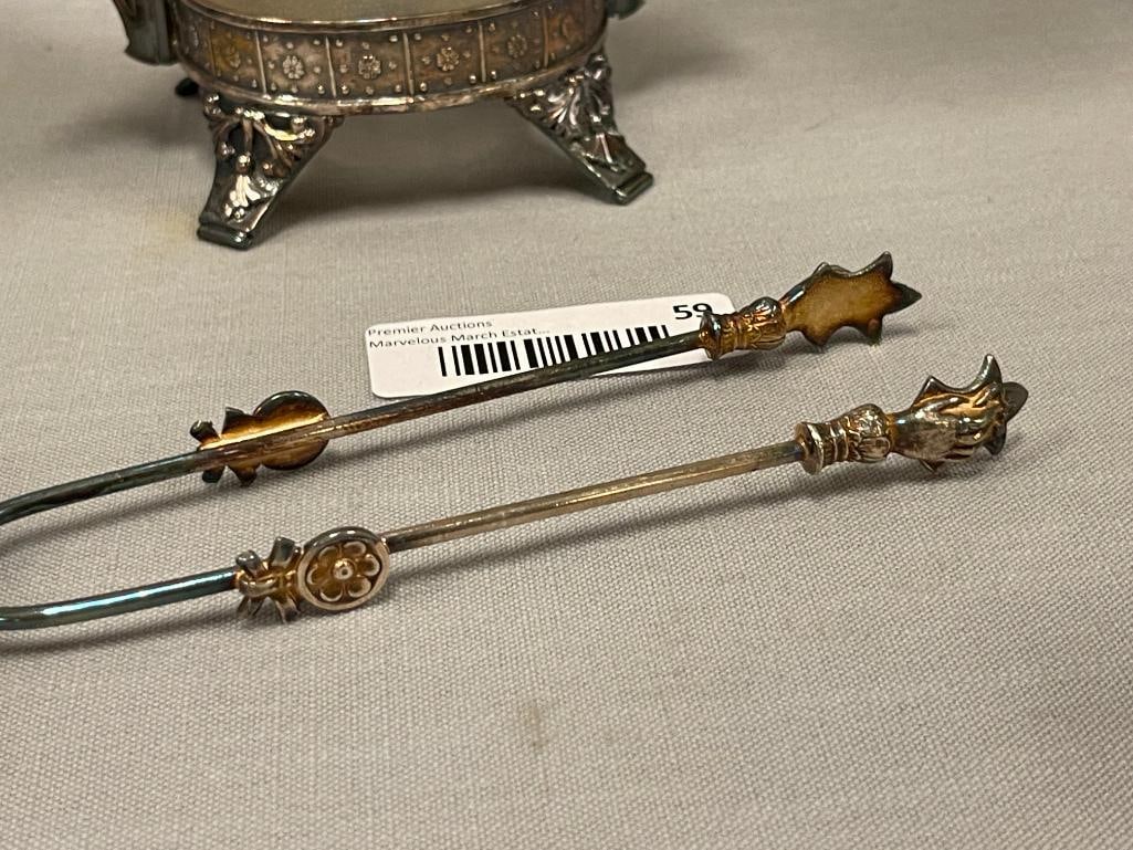 BARBOUR BROS. ANTIQUE TRIPLE PLATE PICKLE JAR WITH HAND BLOWN ART GLASS JAR WITH TONGS - 5