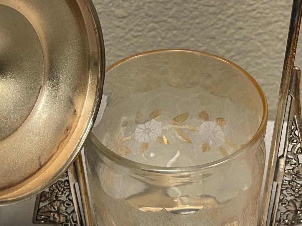 BARBOUR BROS. ANTIQUE TRIPLE PLATE PICKLE JAR WITH HAND BLOWN ART GLASS JAR WITH TONGS - 7