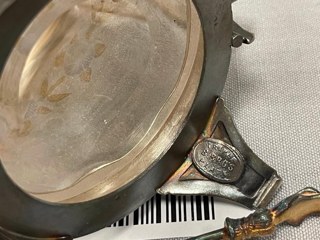 BARBOUR BROS. ANTIQUE TRIPLE PLATE PICKLE JAR WITH HAND BLOWN ART GLASS JAR WITH TONGS - 9