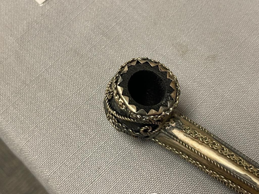 ROPE AND CHAIN INTRICATE WOODEN PIPE WITH METAL OVERLAY AND STONE MOUTHPIECE - 3