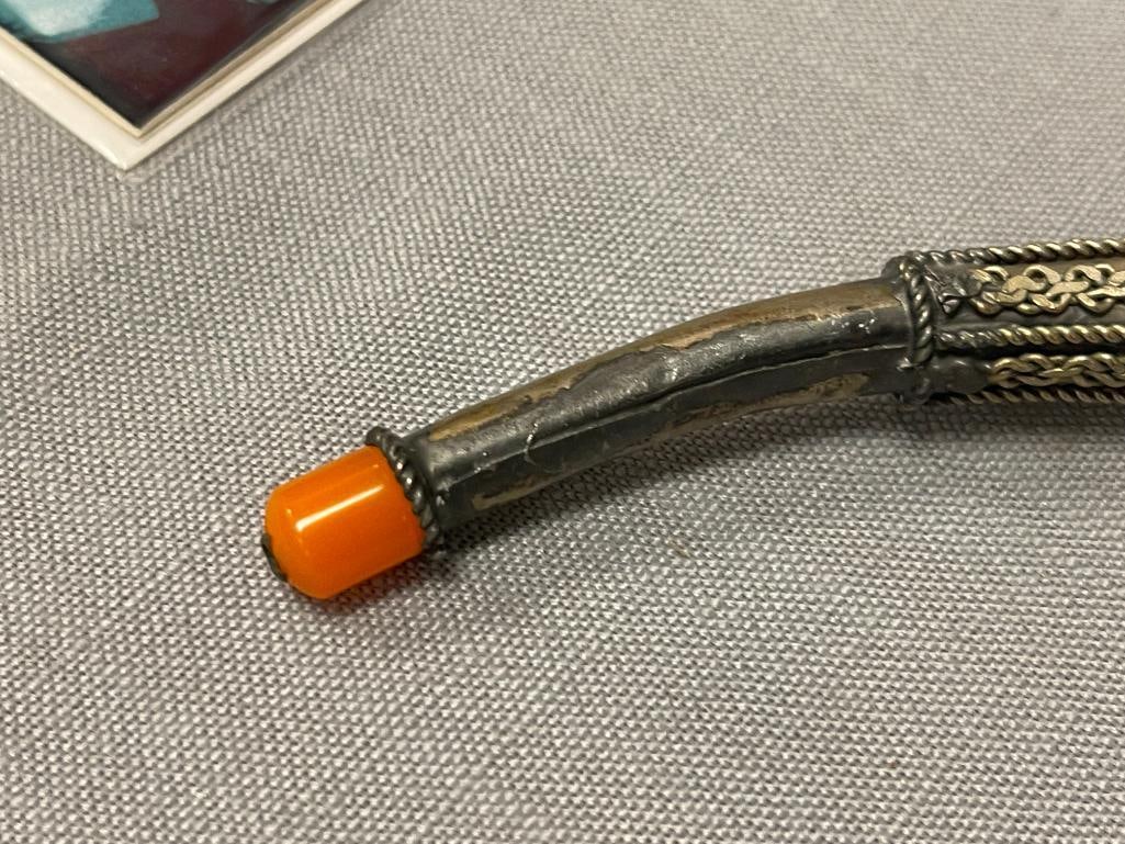 ROPE AND CHAIN INTRICATE WOODEN PIPE WITH METAL OVERLAY AND STONE MOUTHPIECE - 4