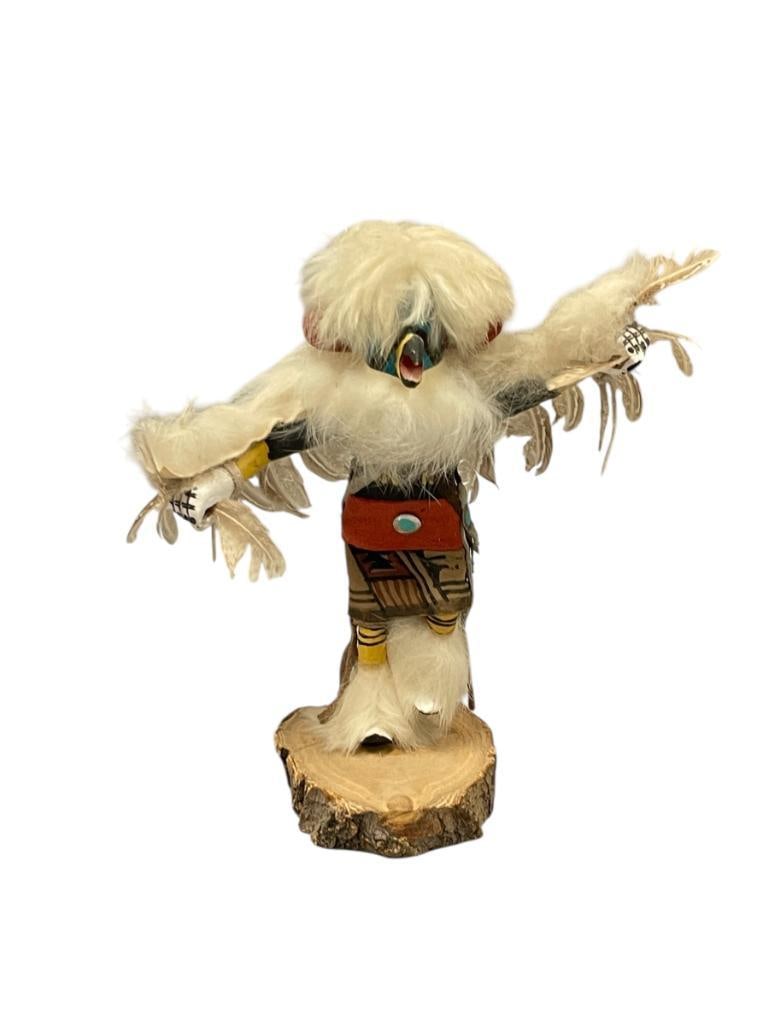 EAGLE DANCER HAND CRAFTED HOPI KACHINA DOLL BY ARTIST L. BEGAY: KACHINA IS CRAFTED USING COTTONWOOD WITH PAINTED ACCENTS, MOUNTED ON WOOD SLAB, SIGNED ON THE BOTTOM 7 1/2" H
