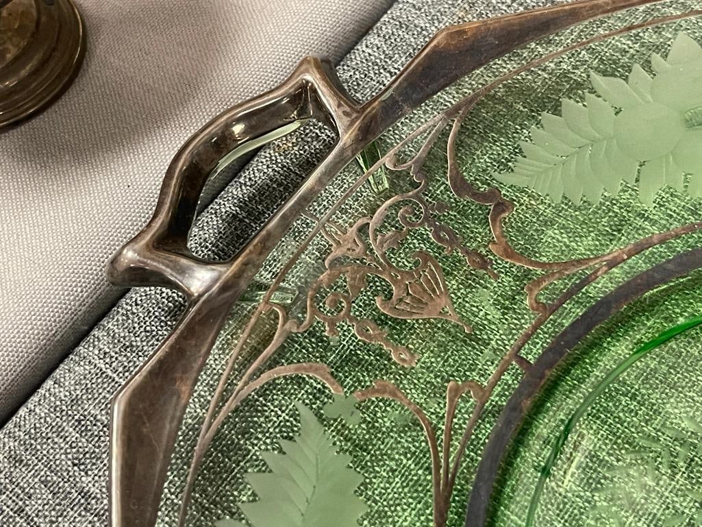 1930'S STERLING SILVER OVERLAY GREEN DEPRESSION GLASS HANDLED TRAY WITH FLORAL ETCHINGS - 3