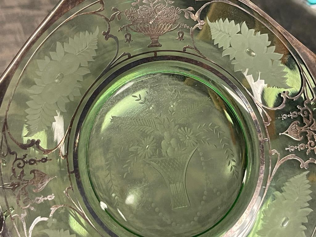 1930'S STERLING SILVER OVERLAY GREEN DEPRESSION GLASS HANDLED TRAY WITH FLORAL ETCHINGS - 4