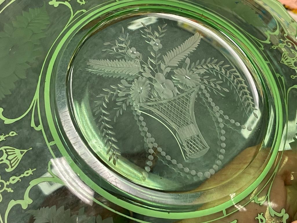 1930'S STERLING SILVER OVERLAY GREEN DEPRESSION GLASS HANDLED TRAY WITH FLORAL ETCHINGS - 6