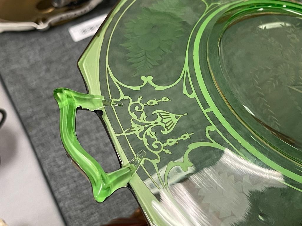 1930'S STERLING SILVER OVERLAY GREEN DEPRESSION GLASS HANDLED TRAY WITH FLORAL ETCHINGS - 7
