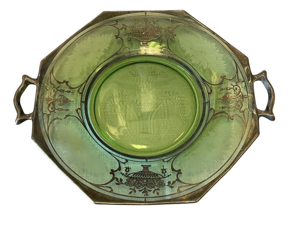 1930'S STERLING SILVER OVERLAY GREEN DEPRESSION GLASS HANDLED TRAY WITH FLORAL ETCHINGS - 8