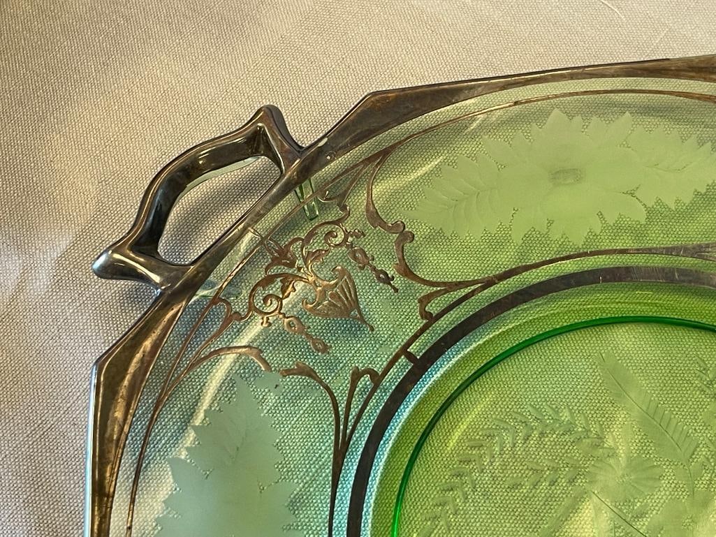 1930'S STERLING SILVER OVERLAY GREEN DEPRESSION GLASS HANDLED TRAY WITH FLORAL ETCHINGS - 9