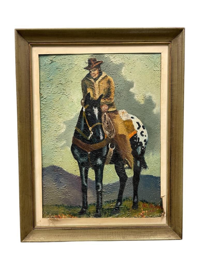 VALERIE STEINBECK ORIGINAL HEAVY ACRYLIC ON BOARD PAINTING DATED 1967: ART DEPICTS MAN ON HORSEBACK WITH LANDSCAPE IN THE BACKGROUND, SIGNED LOWER RIGHT, ALSO SIGNED ON THE BACK, MATTING IS DAMAGED, FRAMED 21" X 27" FRAME 